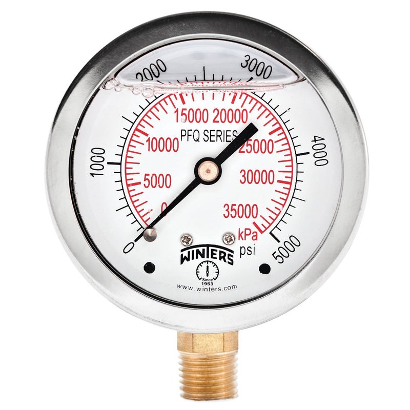 Winters Instruments Winters 2-1/2" Dial Size, Liquid Filled Industrial Pressure Gauge, Brass Internals, Stainless Steel Case, Dual Scale 0-5,000 psi/kPa, 1.5% Acc, 1/4" NPT Bottom Mount, Glycerin Filled Pressure Gauge - Image 1